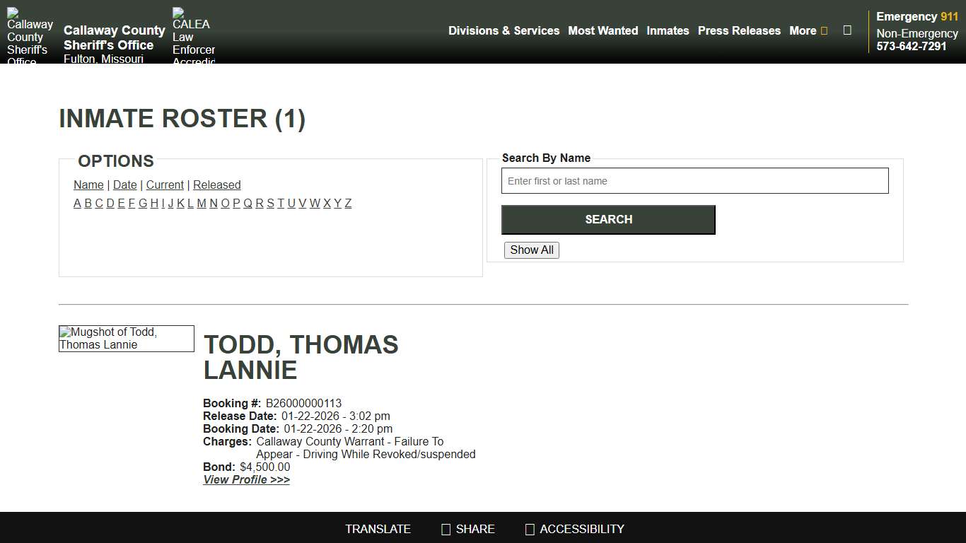 Inmate Roster - Released Inmates Alpha T - Callaway County Sheriff's Office, Missouri